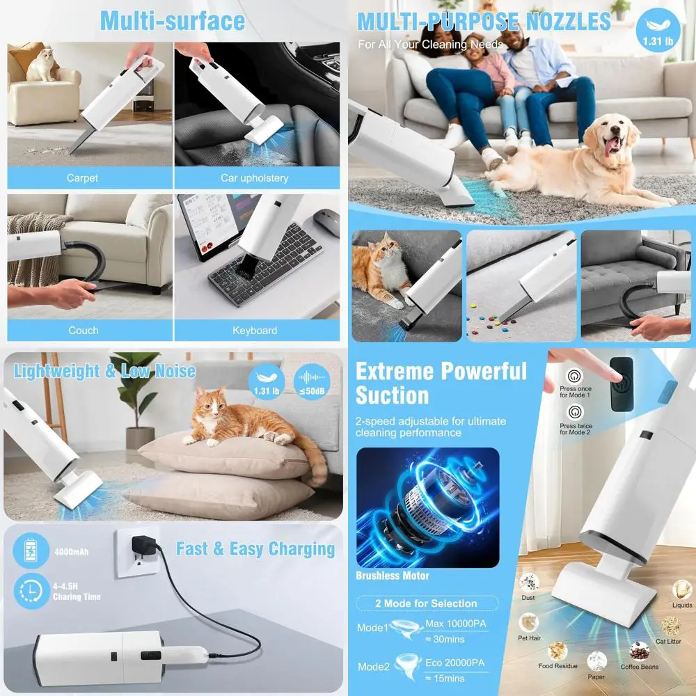 

Portable 20000Pa Cordless Hand Vacuum for Car, Pet Hair, Stairs, Carpets with HEPA Filter & 4 Attachments