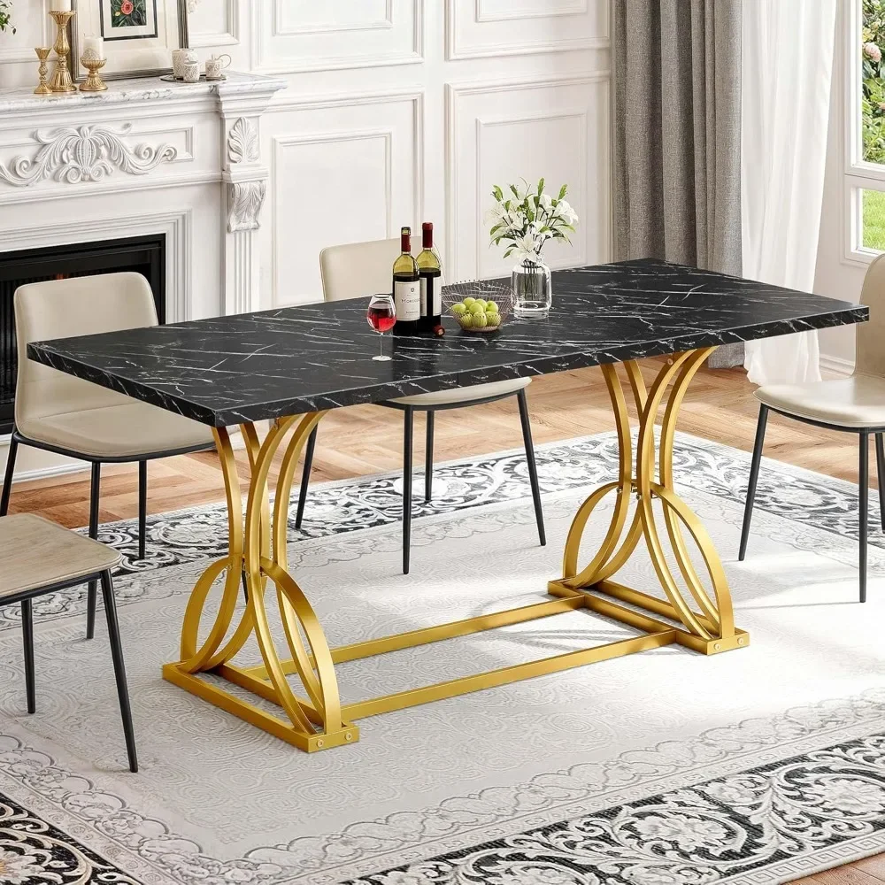 

70.3 "Large dining table for 6-8 people,rectangular black dining table with faux marble countertop and gold geometric metal legs