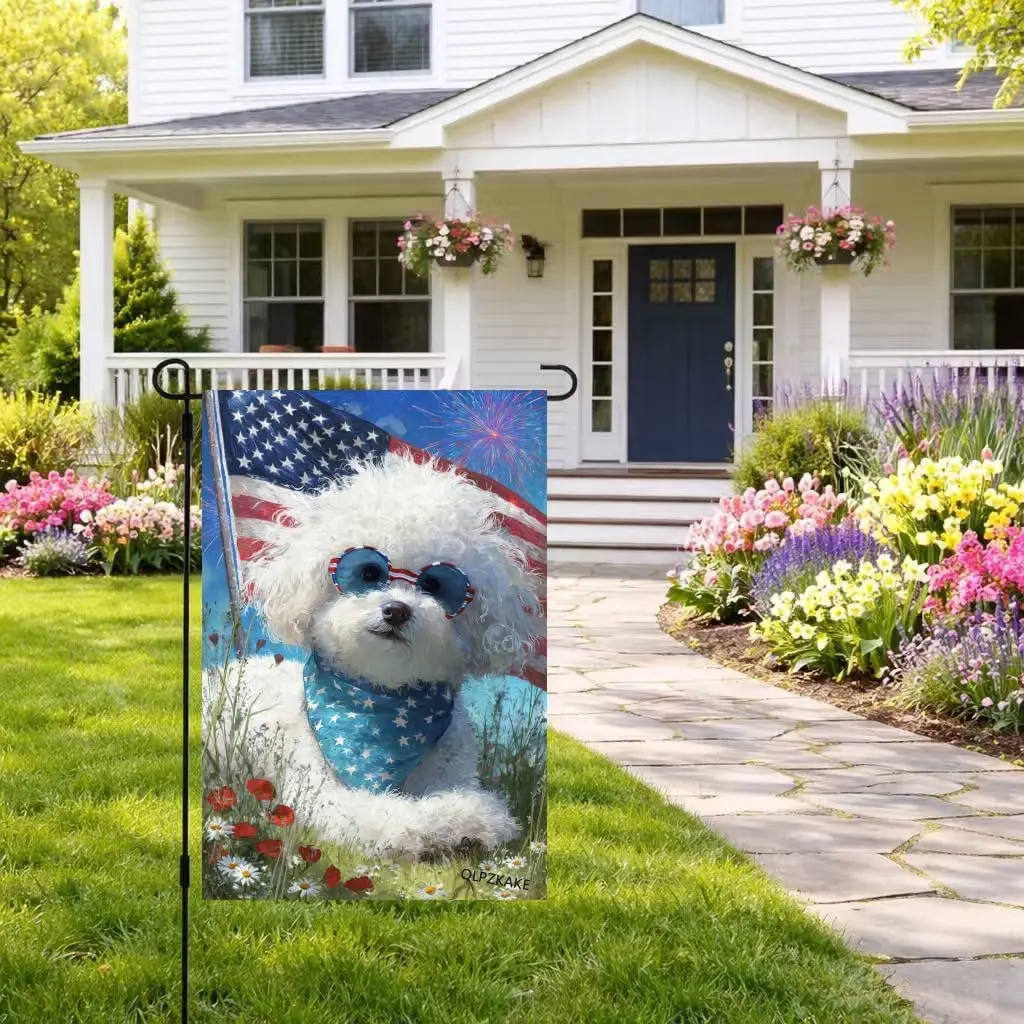 Patriotic 4th of July Garden Flag Bichon Frise American Flag Sunglasses 12x18 Inch Double Sided Outdoor Summer Yard Flag for kkz