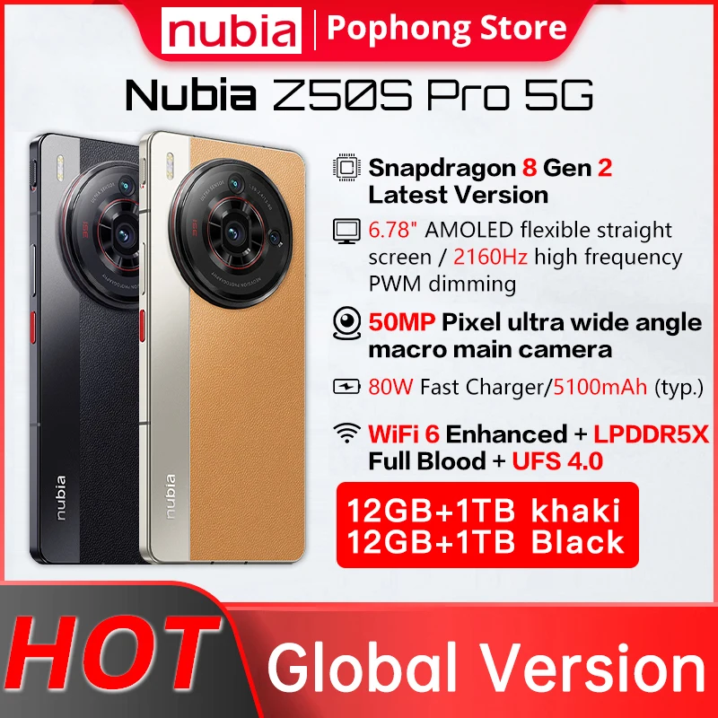 

Global Version Nubia Z50s Pro 5G 6.67'' 120Hz AMOLED 12G 1TB Latest Version Snapdragon 8 Gen 2 Octa Core 50MP Dual Cameras