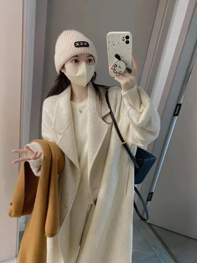 

Women's Oats Color Thiened Woolen Coat Inner down 2025 Winter New Sle Korean Version Straight Cut Long Sve Warmth