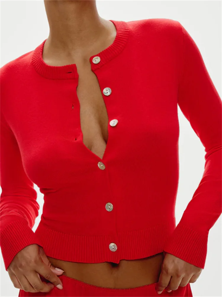 Dourbesty Fall Spring Front Buttons Up Cardigan Tops Women Long Sleeve Knitted Round Neck Slim Fit Solid Sweaters 2025 Jumpers