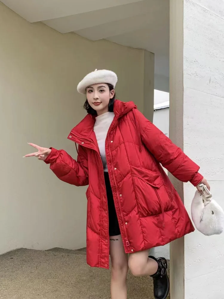 Jaqueta feminina com capuz longo para inverno quente, versão coreana do casaco glamouroso fofo, parka casual fina, novo, 2024