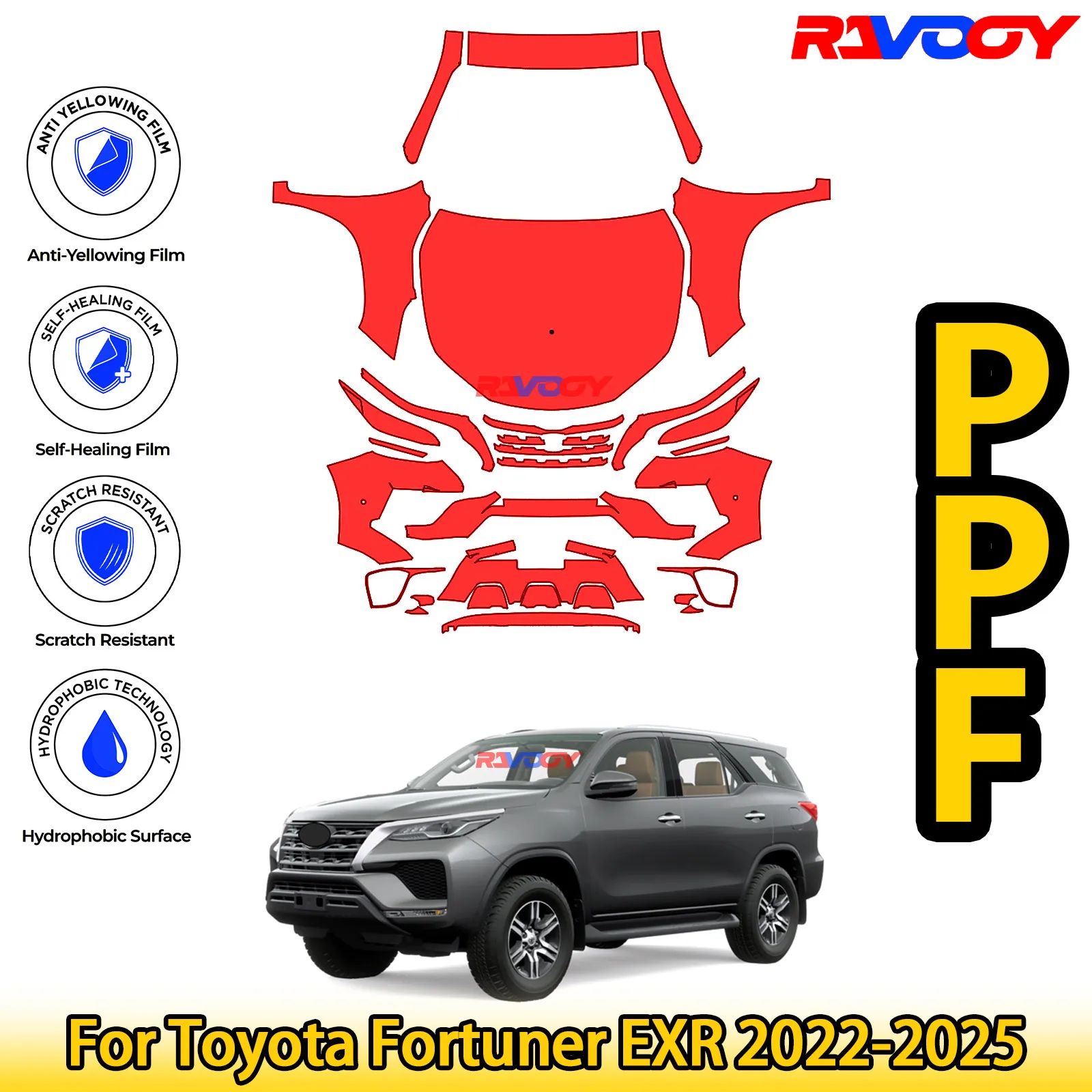 

Для Toyota Fortuner EXR 2022-2025 глянцевая матовая черная предварительно вырезанная передняя защитная пленка PPF Kit