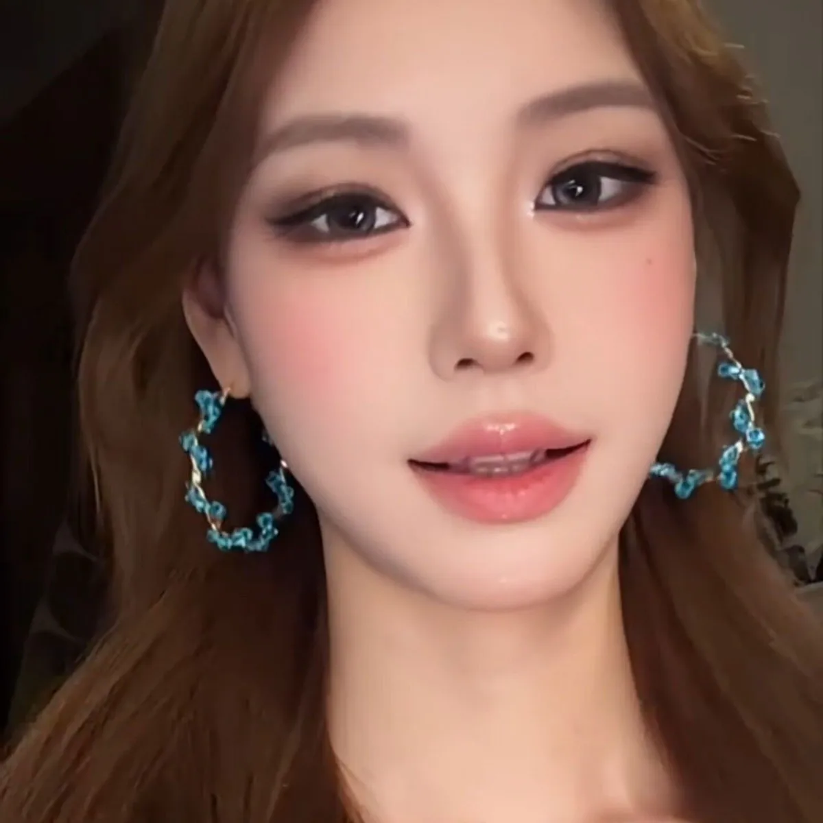 Summer Lake Blue Beaded Circle Earrings Women Transparent Feel Personality Exaggeration Small Face Jewelry Not Collision Trendy