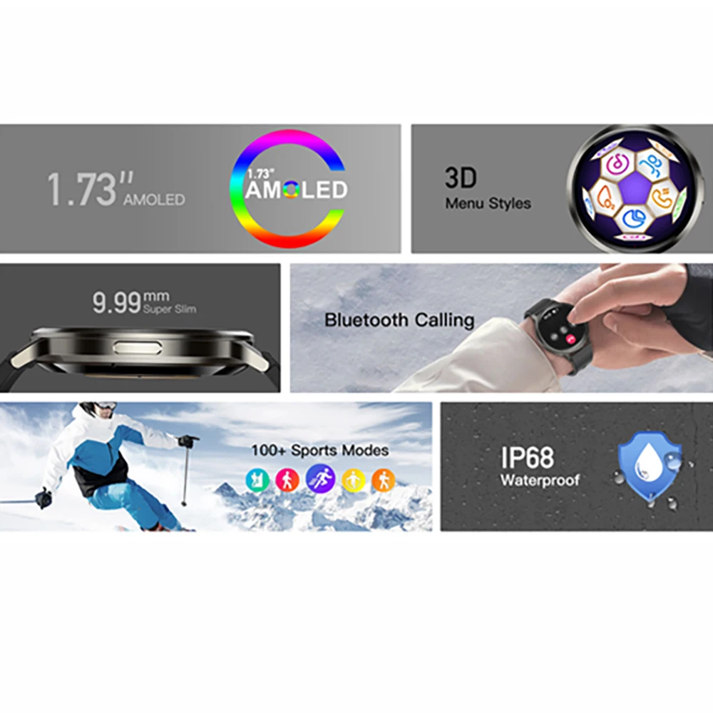 Relojes deportivos para exteriores con pantalla AMOLED, batería de 400mah, reloj inteligente resistente al agua IP68, más de 100 modos deportivos, reloj inteligente de salud con ritmo cardíaco