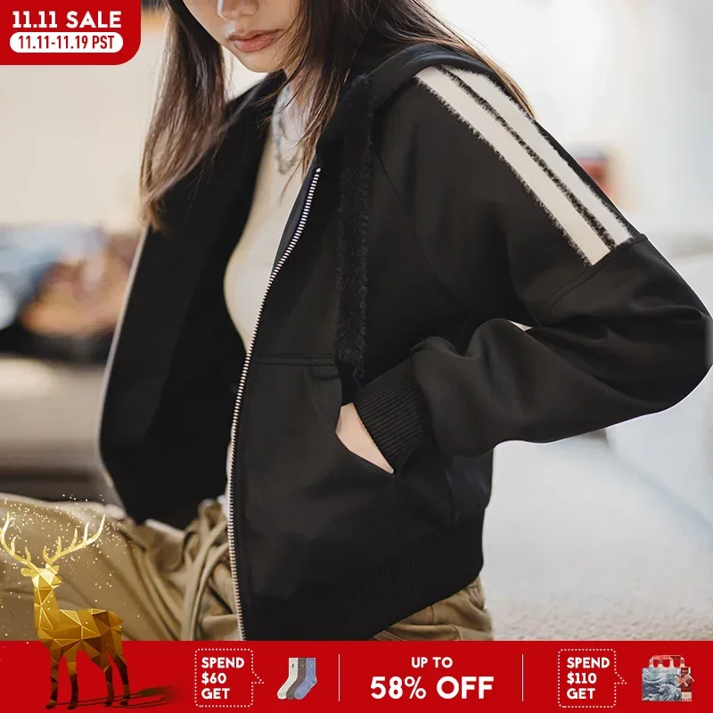 

Женская черная толстовка Maden в уличном стиле с длинными рукавами, кардиган, полосатая куртка на молнии для весеннего спорта, верхняя одежда для поездок на работу