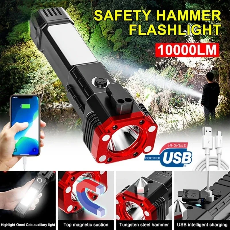 Multi-functional High-brightness Flashlight Car Safety Hammer Handheld Torch Usb Rechargeable Treasure Outdoor Home Searchlight