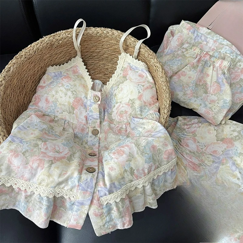 Floral Pajamas Women's Summer Thin with Chest Pads Cloud Cotton Suspenders Trousers Three-piece Loungewear Can Be Worn Outside