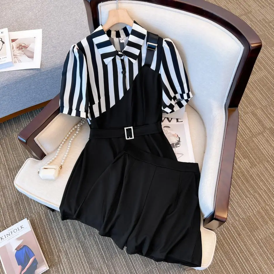 

Summer Two-piece Set For Women Lapel Collar Stripe Blouse Tops And Shorts Female Large Size Casual Black Polyester Matching Suit