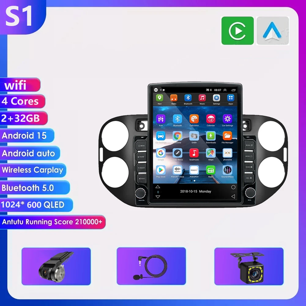 9.7 inch Android 16 Carplay Auto voor VW Volkswagen Tiguan 1 NF 2006 2008-2014 2015 2016 autoradio multimediasysteem GPS speler stereo