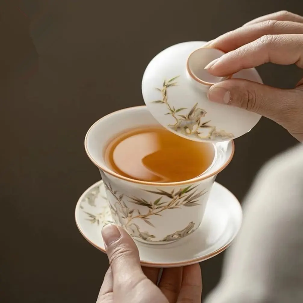 Hand drawn White China Gaiwan Persimmon Porcelain Tureen With Cup Saucer Coaster Covered Bowl With Lid Handpainted Cup Bowls