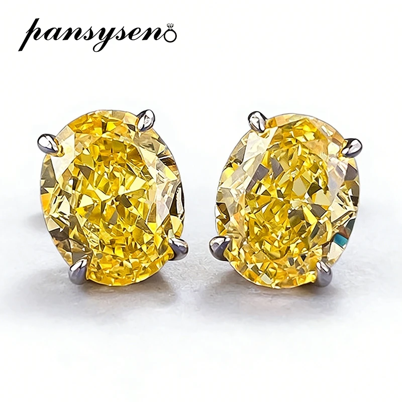 

PANSYSEN 100% 925 Sterling Silver 8*10MM Oval Cut Citrine Sapphire Diamond Stud Earrings for Women Wedding Party Fine Jewelry