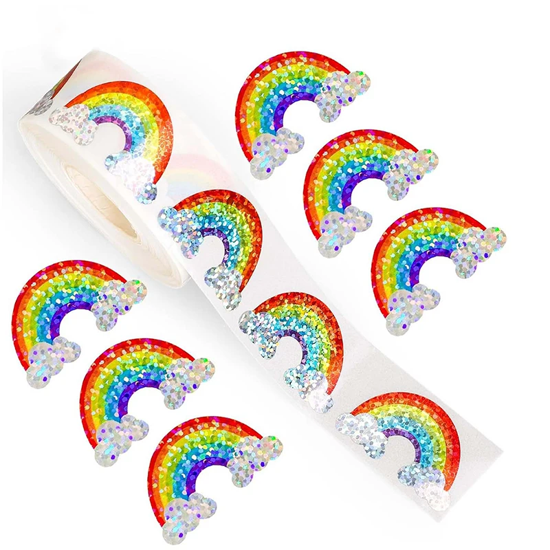 500Pcs 1.18In*3Cm Rainbow Glitter Label Stickers Window Gift Decoration Labels Stickers Gift Box Stickers Birthday Party Decoration Stickers Gift Packaging Stickers Envelope Sealing Stickers