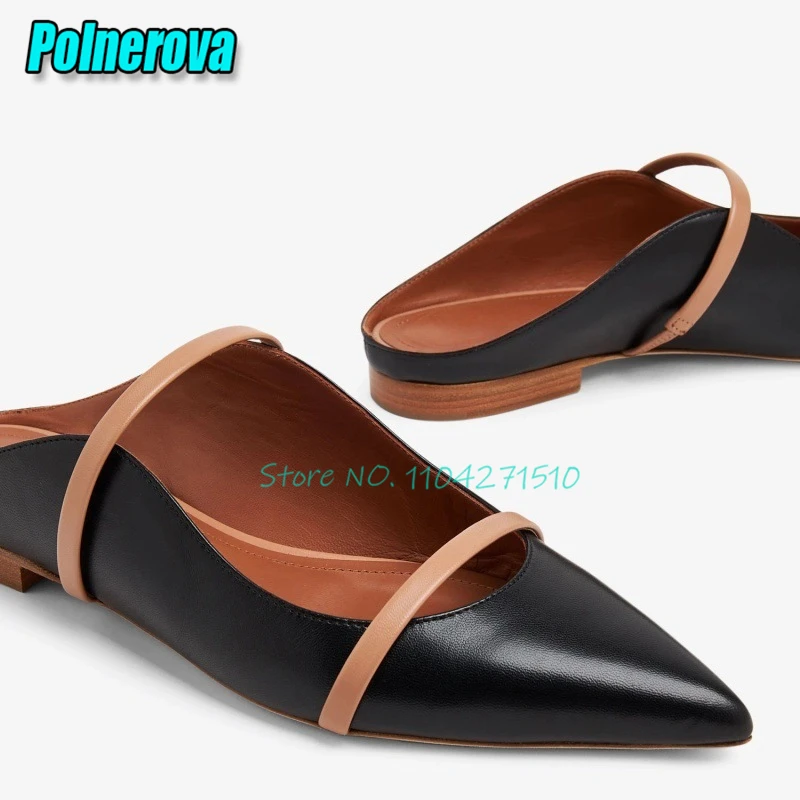 

Women's Pointed Toe Strap Casual Flat Shoes Fashion Versatile Mixed Colors Leather Half Slippers Summer Outdoor Breathable Mules