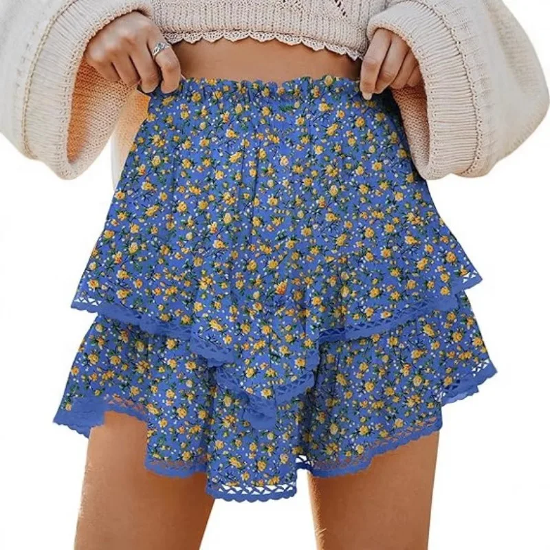 Casual Fashion Floral Bohemian Style Skirts High Waist Loose Layered Skirts for Women Summer Pleated Print Tennis A-line Skirt