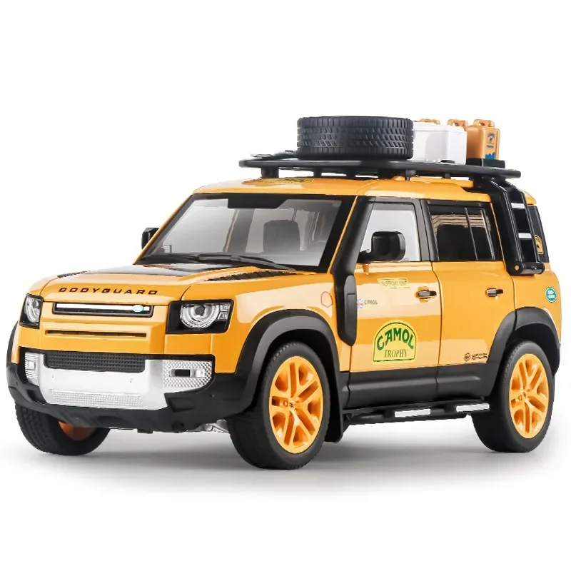 Diecast 1/18 Land Rover Defender 110 Camel Trophy Off Road Car Model Children Toys Vehicles Gift Sound Light Voiture Miniature