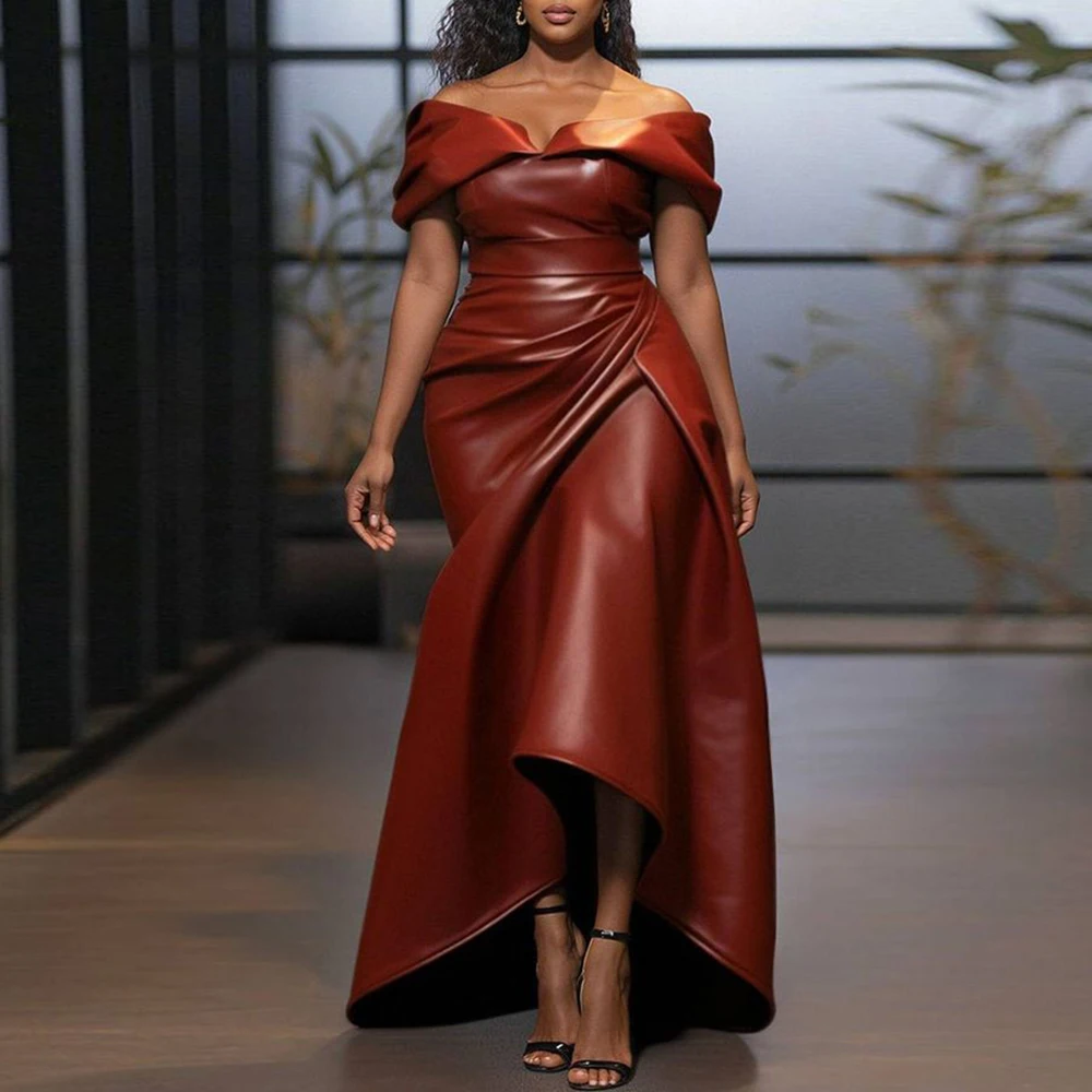 Women Faux Leather Off Shoulder Cocktail Dress Elegant High Waist Draped Ruched Bodycon Party Gown PU Wedding Guest Long Dresses
