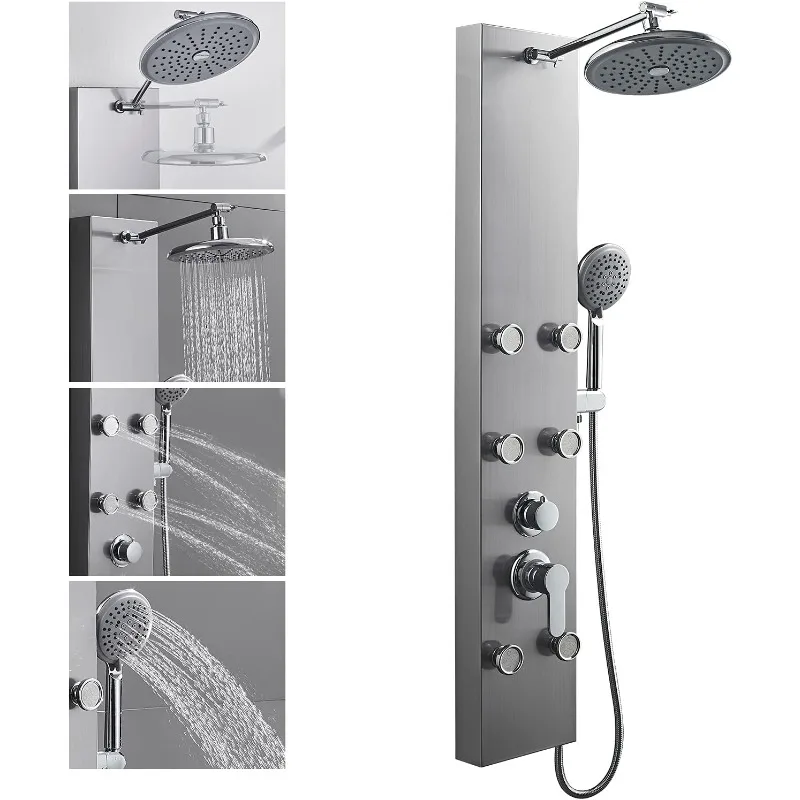 Stainless Steel Shower Panels System with 8-inch Rainfall Shower, 6 Body Jets and 5-Setting Handheld Wand, Tower Adjustable Head