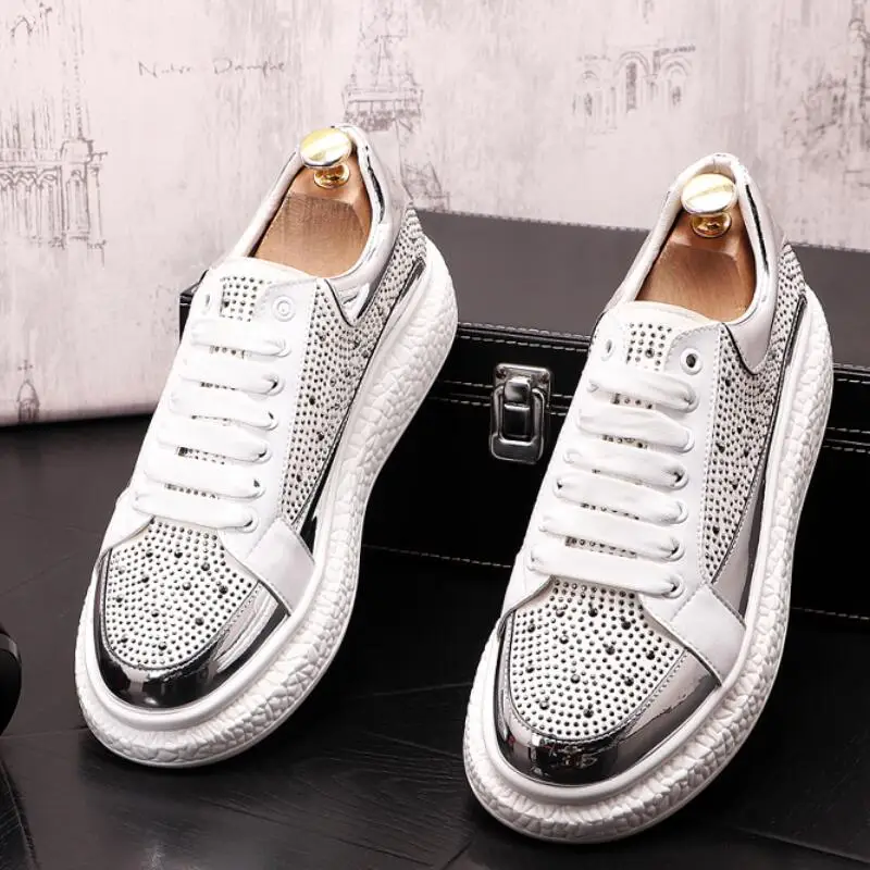 Elastic shoes fashion personality rhinestone men\'s shoes thick sole increase breathable casual shoes men\'s white wear-resistanA6