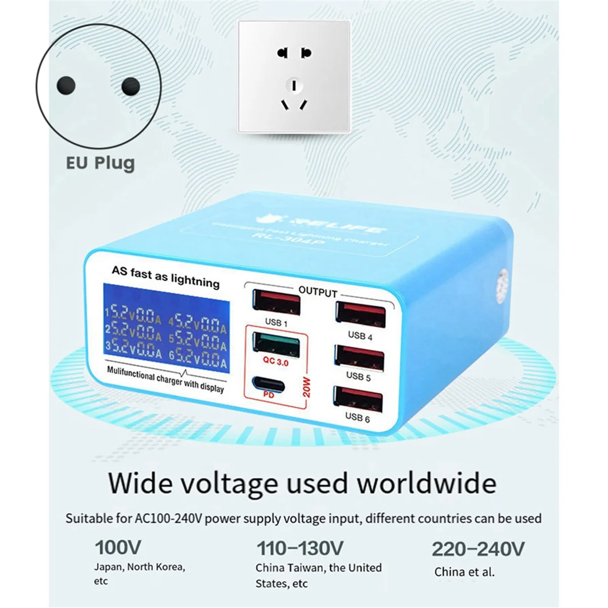 RELIFE RL-304P Smart 6-Port USB Digital Display Lightning-Pattern Charger PD3.0+QC3.0 for All Mobile Phones and Tablet EU Plug