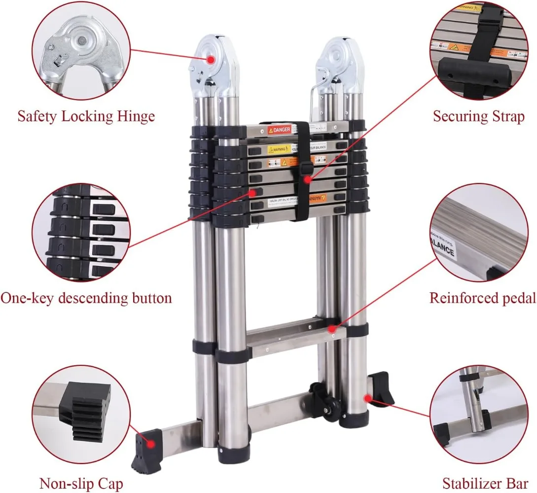 BOWEITI-Échelle télescopique pliante en acier inoxydable, échelle à cadre A de 16,5 pieds avec roue mobile à usage domestique