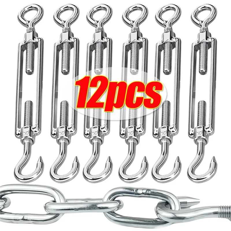 

12-1PCS Stainless Steel Hook And Eye Tensioners OC Type Turnbuckle Tighten Wire Rope Tension Set Adjustable Wire Tensioner Kits