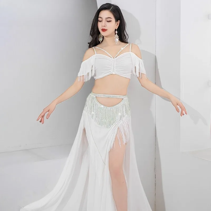 Customized Light Luxury Belly Dance Costumes Practice Set High Waisted Hollow Out Rhinestone Tassel Group Performance Costume