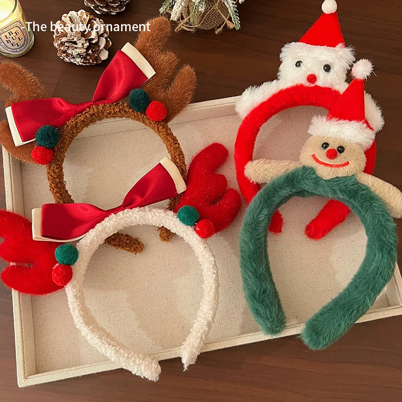 Cute Plush Elk Santa Hat Headband for Women Antler Headband Gingerbread Men Fall Winter Face Wash Christmas Decoration Hair Band