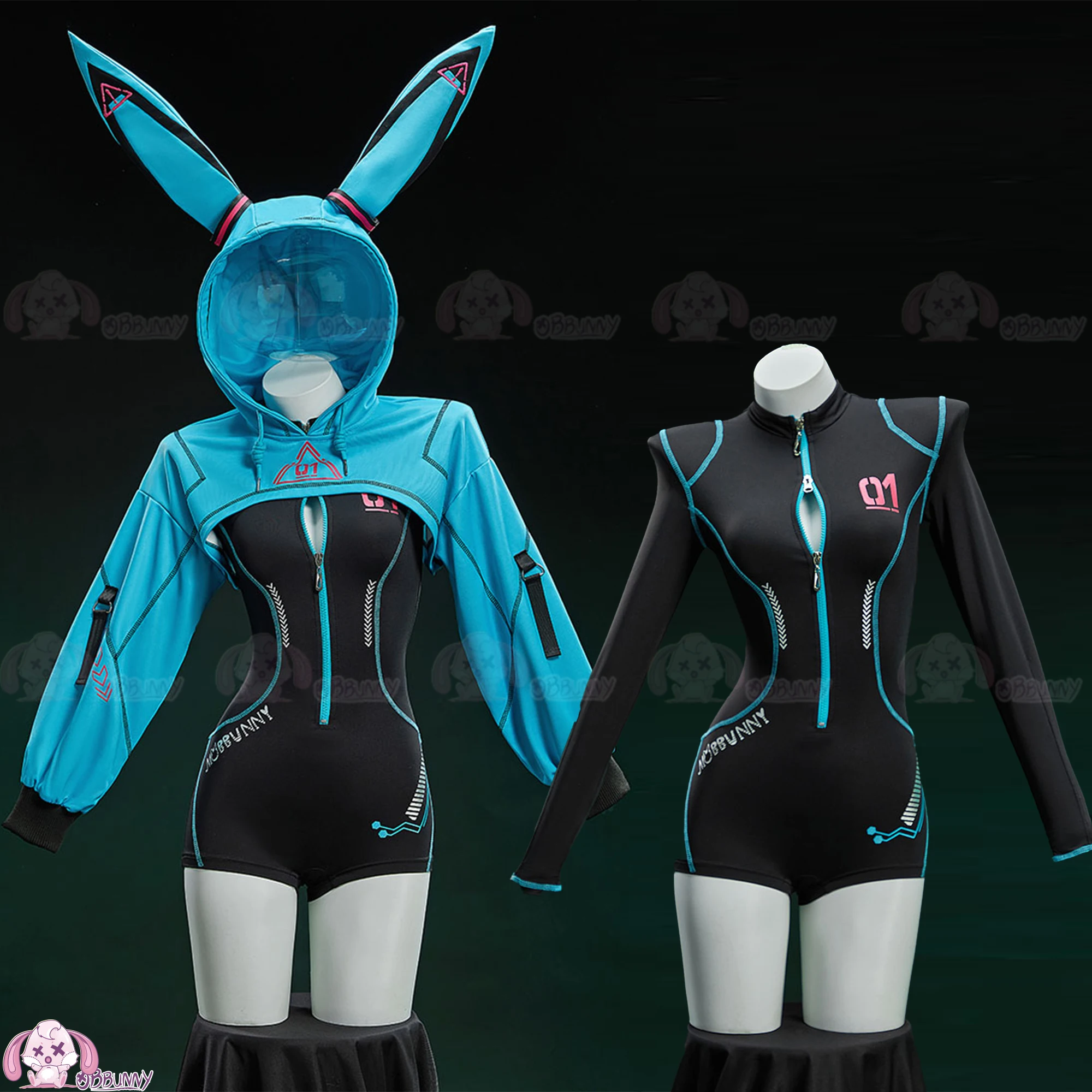 

Women's Vocal Derivative Sexy Cosplay Cyber Style Tight Sportswear Bodysuit with Hooded Short Jacket and Headdress