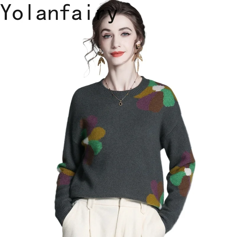 

YOLANFAIRY, пуловеры из 47% шерсти для женщин, осень-зима, корейский модный кашемировый свитер, топы с длинными рукавами для ленивых, женские свитера