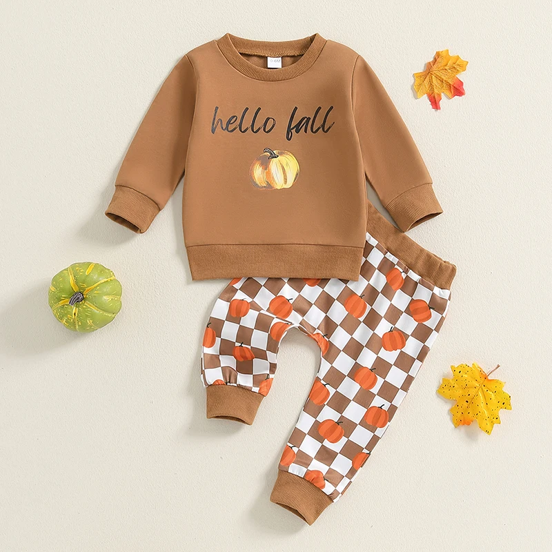 

Baby Girls Boys 2Pcs Halloween Outfits Pumpkin Print Long Sleeve Pullover + Checkerboard Pants Set Toddler Fall Clothes