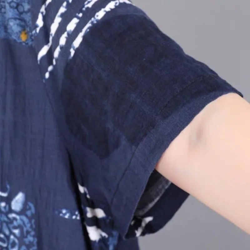 Simplicity Versatile Summer Cotton Hemp Women's Round Neck Printing Pocket Fashion Casual Loose Short Sleeve Mid-length Dresses