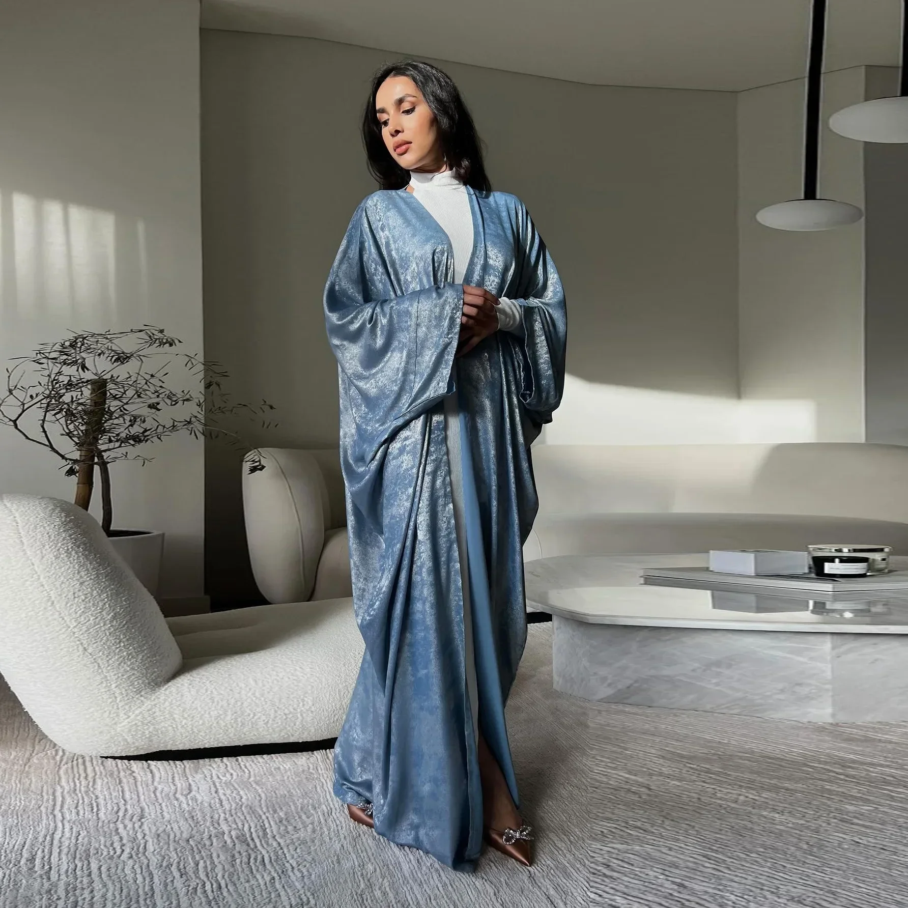 Bronzing Satin offen Abaya Kimono Strickjacke muslimische Abayas für Frauen Dubai Luxus Truthahn bescheidene islamische Outfit marok kanis che