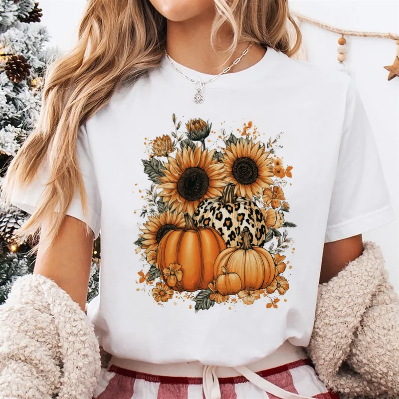 

Printed Street Women's T-Shirt Sunflower Pumpkin Pattern White Top Cute Cartoon Style Casual Popular Women's Autumn T-Shirt