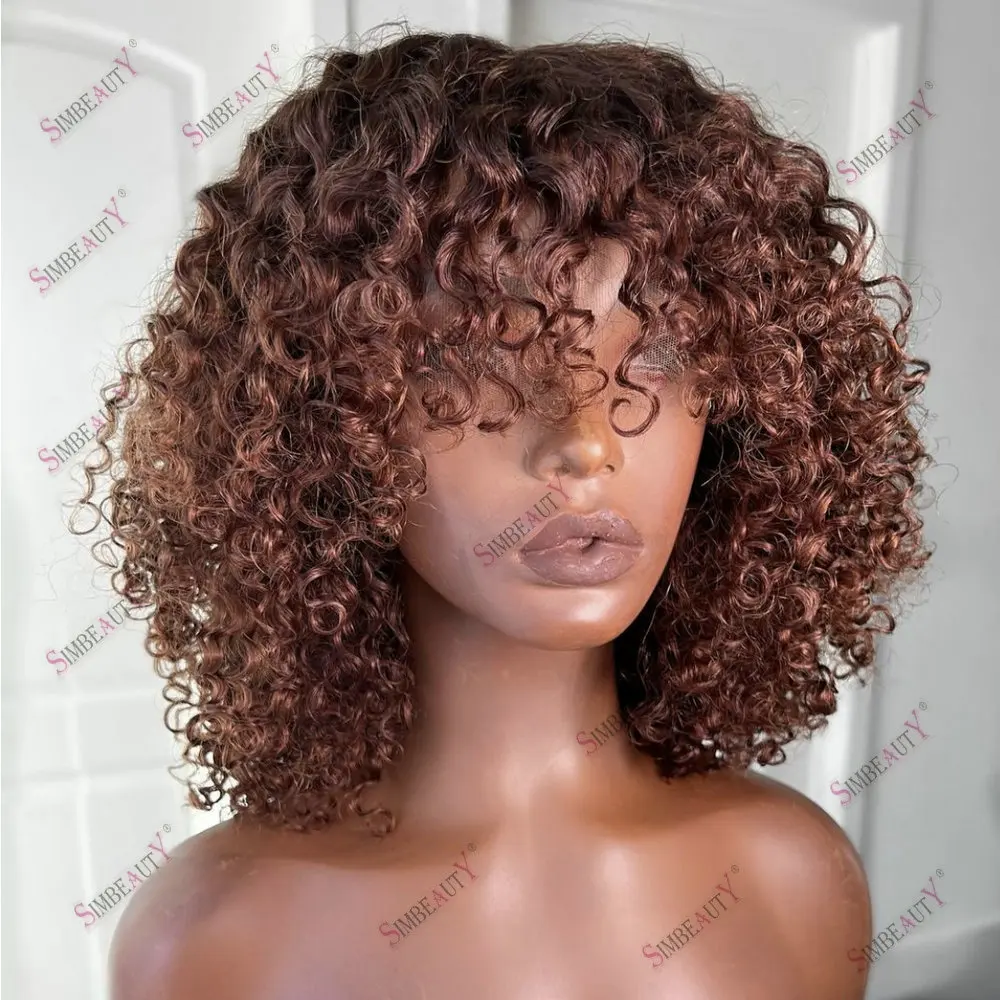 Glueless Kinky Curly Chestnut Brown 13x4 360 Lace Frontal Wigs Human Hair with Bangs for Women Full Lace Wigs 100% Human Hair