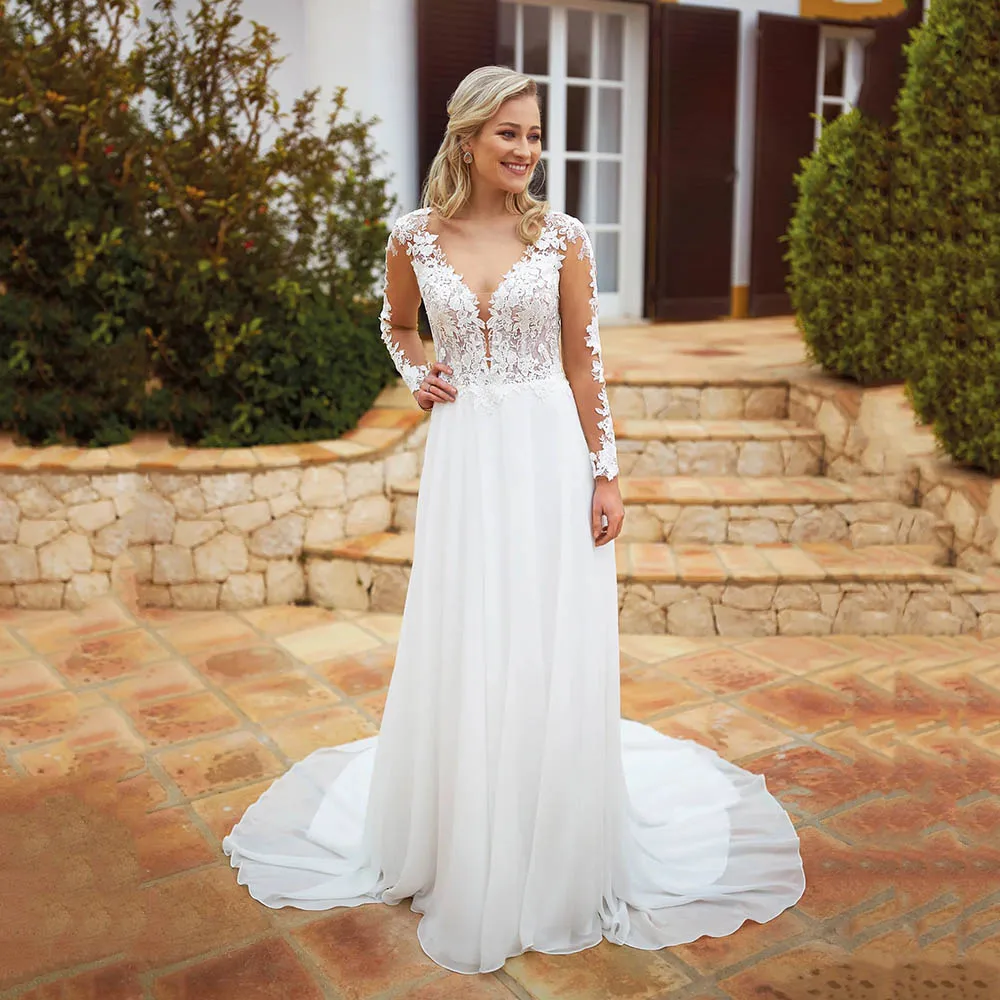 

Msikoods A Line Boho Wedding Dresses Lace Appliques Rustic Bridal Gown V Neck High Slit Puff Sleeves Bridal Dress Customized