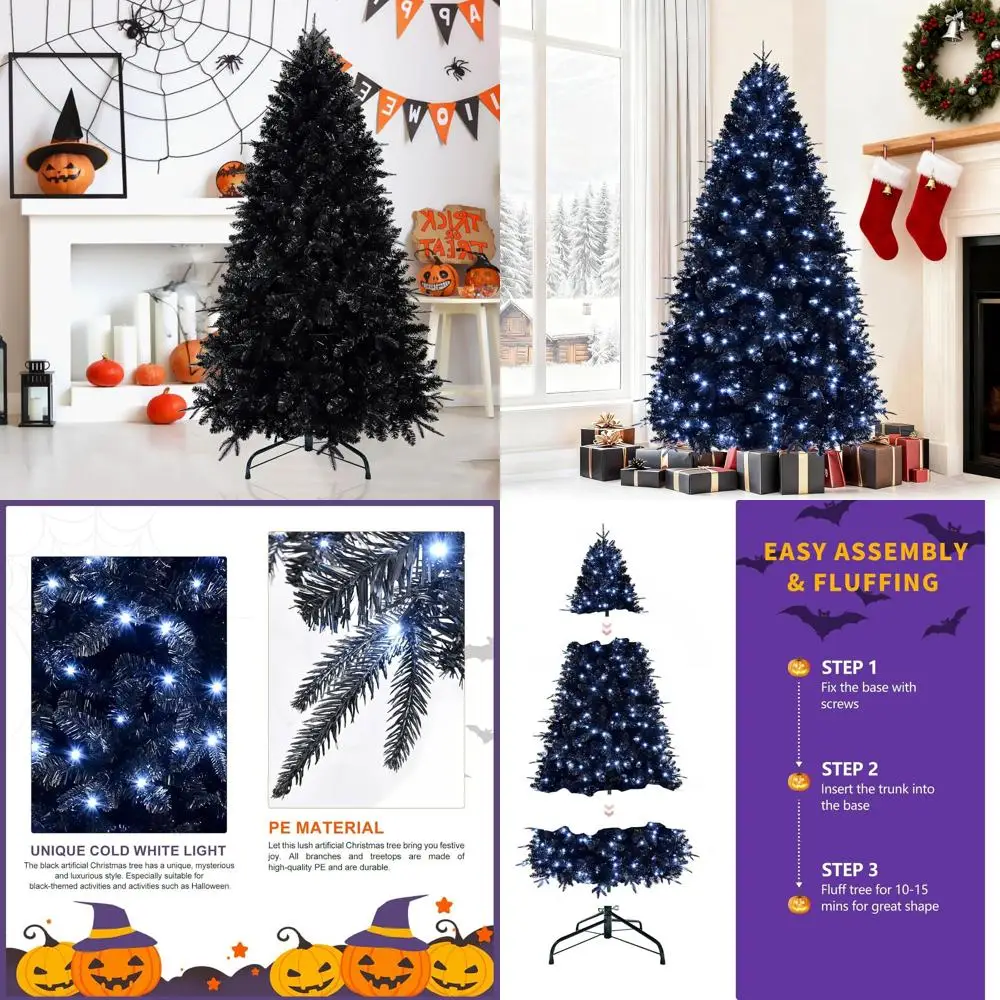 

4-Foot Pre-Lit Black Artificial Christmas Tree with 150 LEDs, 666 PE/PVC Tips, Ideal for Halloween and Holiday Decor, Metal Base