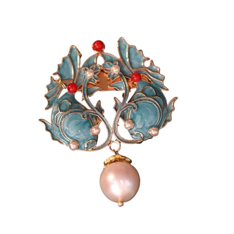 

FXLRY Pearl Autumn and Winter Pisces Vintage Koi Corsage Cheongsam Accessories Antique Pin