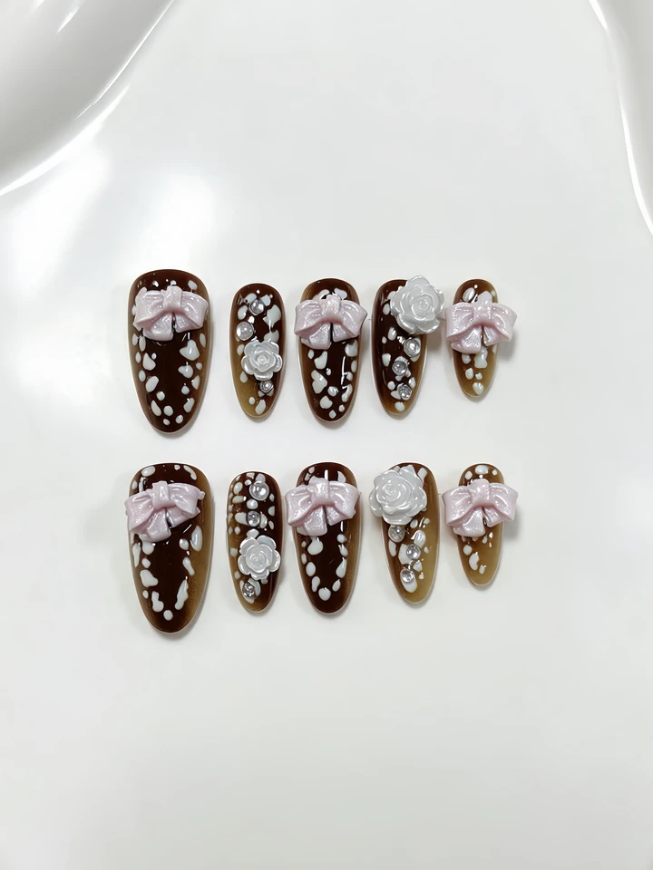 10 piezas de uñas postizas medianas en forma de almendra, estampado retro de café con leche y venado para otoño e invierno, versátiles para outfits de otoño, uñas removibles 2