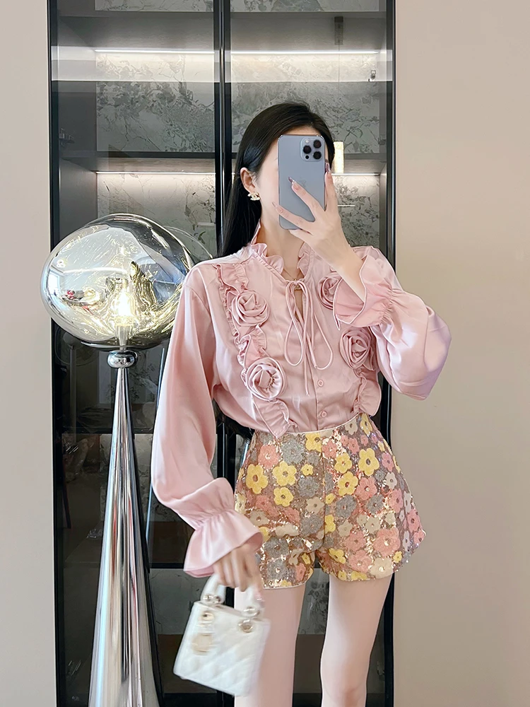 

Ele Satin Floral Embellied irt And Sequin orts Set Women's High-End Faion Ensemble Floral 3D Design Clete Look