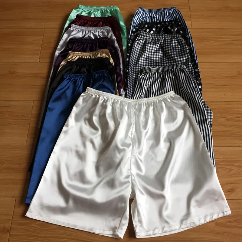 Shorts de pijama sedoso e liso masculino, pijamas, boxers de perna, sólido, macio, confortável Homewear, fino casual, shorts de secagem rápida