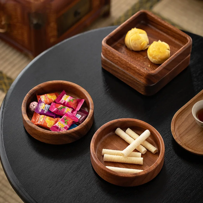 Walnut Plate Solid Wood Round Dessert Plate Creative Japanese Tableware Stackable Dessert Wooden Tea Tray A853