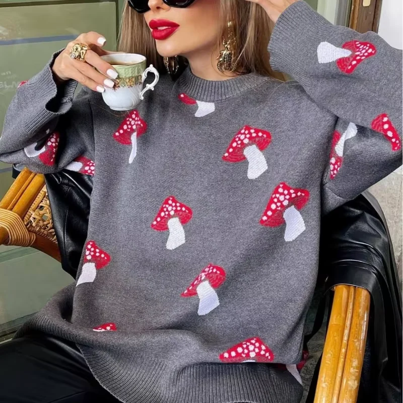 

Autumn Mushroom Printed Women Sweater Ins Style O-neck Knitted Pullover Tops Female Fashion Casual Loose Sweaters Jumpers Mujer