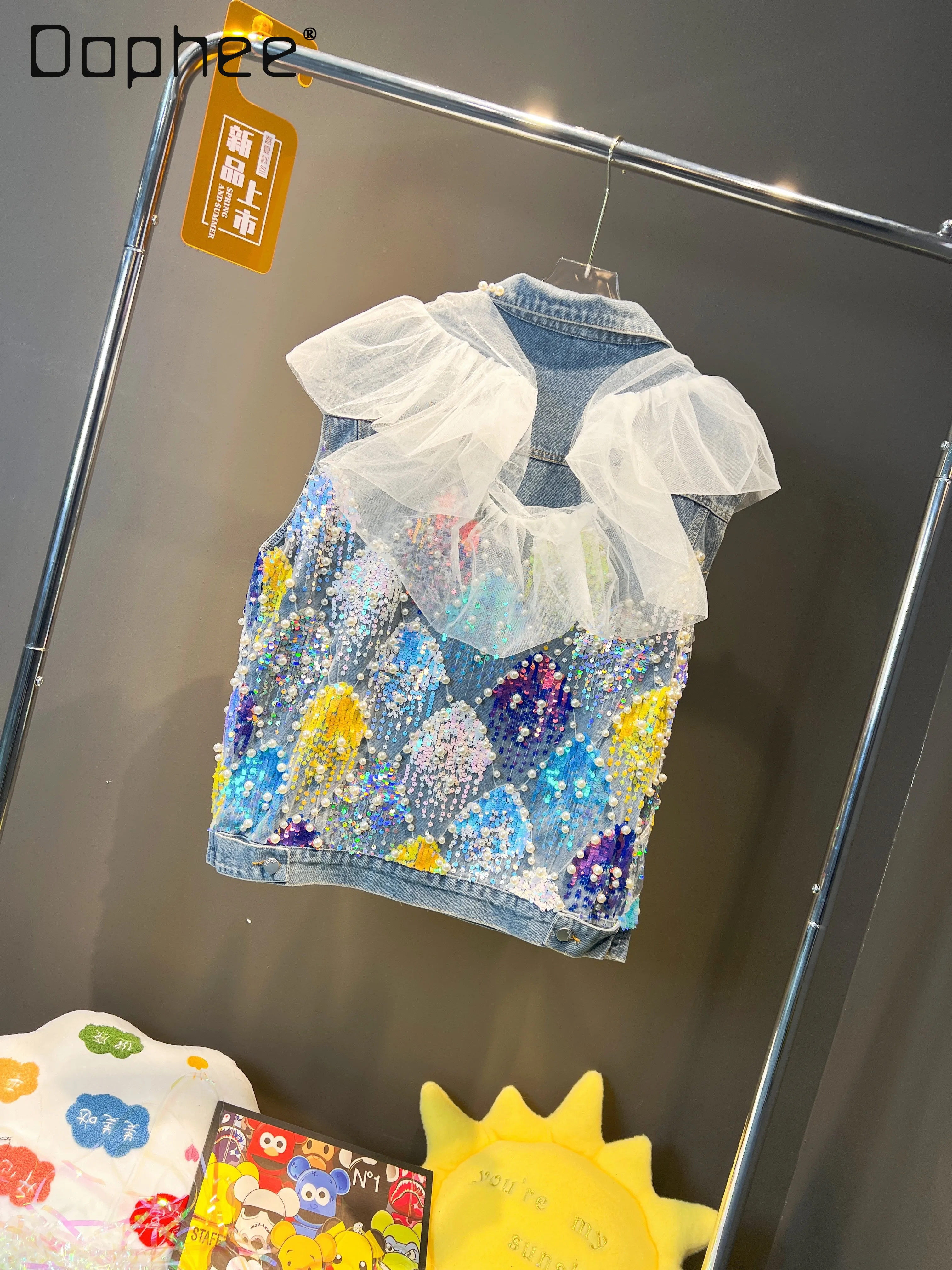 Moda pesada bordado lantejoulas malha renda casual moda magro solto denim lapela colete jaqueta outono nova rua sem mangas jaqueta