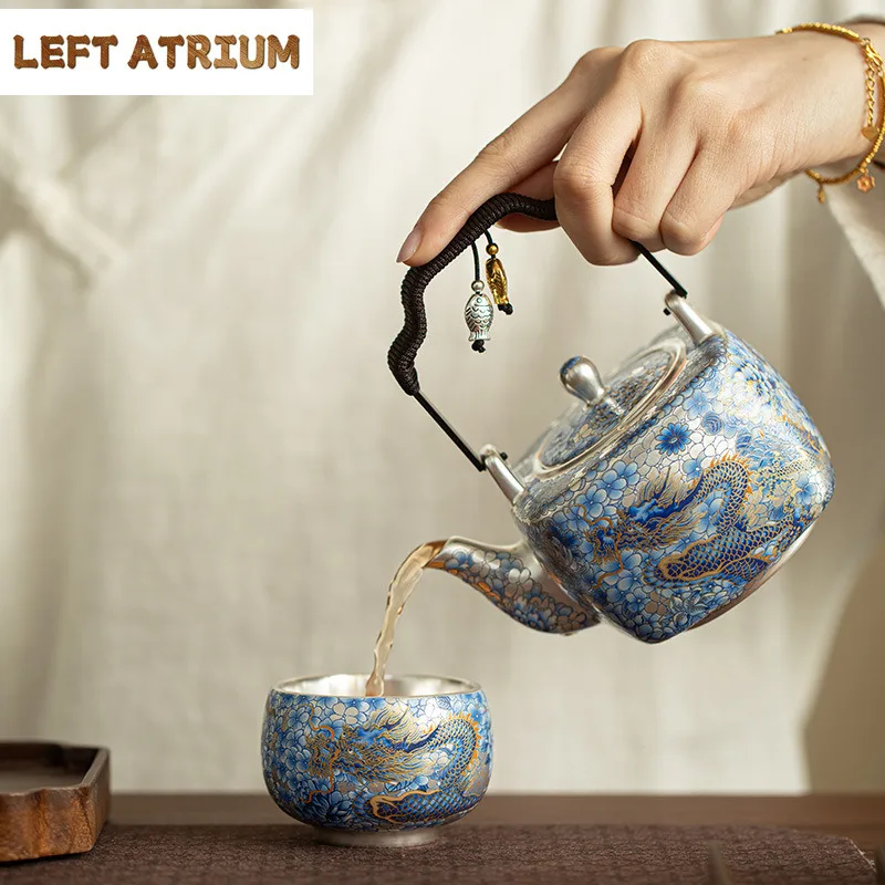 Gilded Silver Blue And White Dragon Phoenix Bridge Tea Set Complete Set Aesthetic Tea Ceremony Teapot And Tea Cup Set Cha