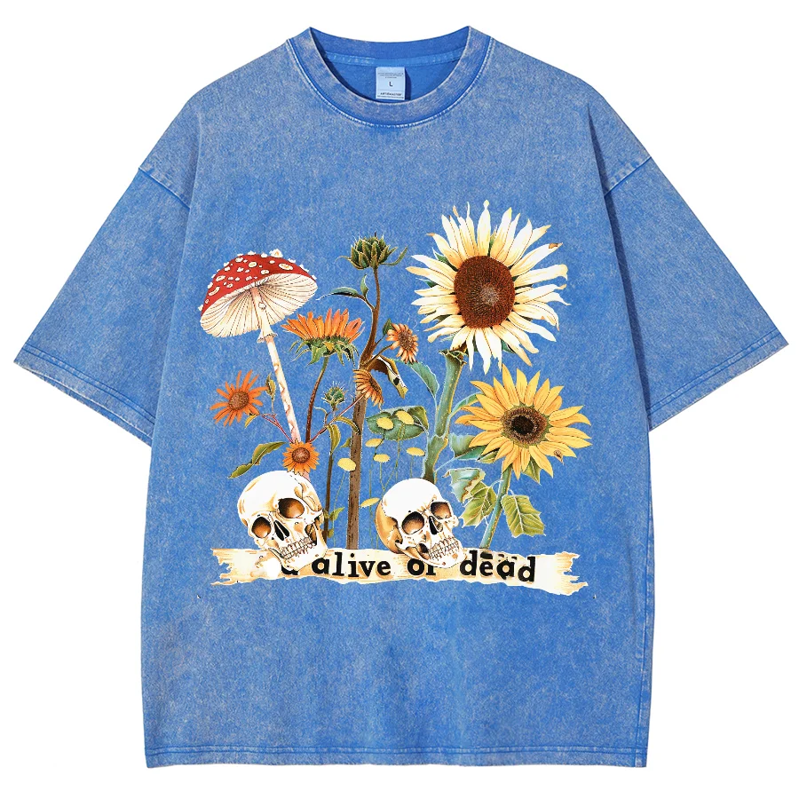 

Women Cartoon T-Shirt Vintage Summer Sunflower Print Washed With Water Short Sleeve Tees Couple Streetwear Loose Clothes Tops