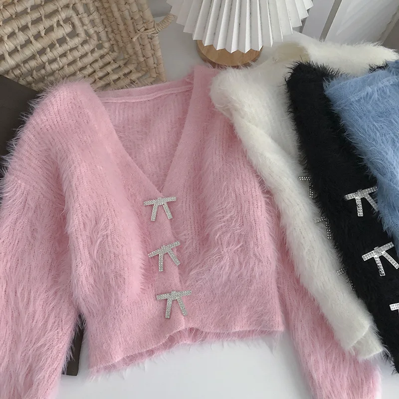 Mink Cashmere Sweet Cropped Cardigan Pink Sweaters for Women 2024 V Neck Slim Bow Knitted Jacket Sueter Tops Autumn Korean