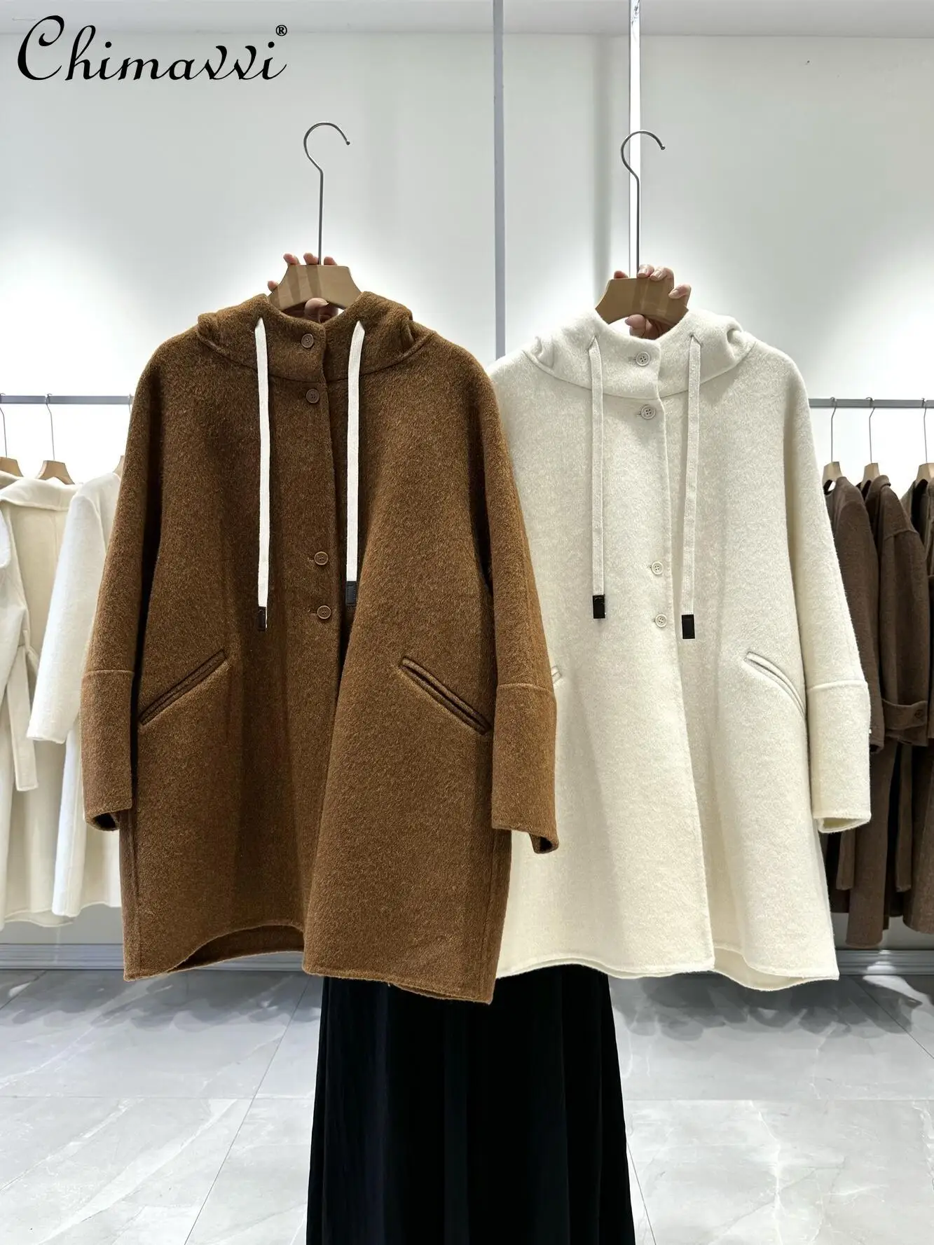 

Autumn and Winter Fashion Hooded Double-sided Cashmere Coat Women's Loose Leisure College Style Long-sleeved Woolen Coat Blends