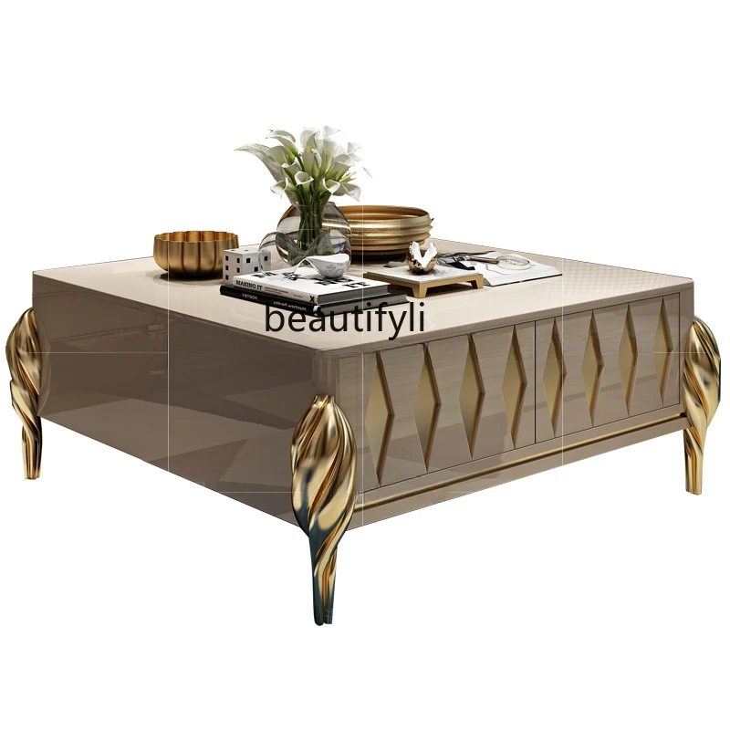 

Light Luxury Modern Stainless Steel Long Square Coffee Table New Classical Living Room TV Cabinet Unit Marble Furniture